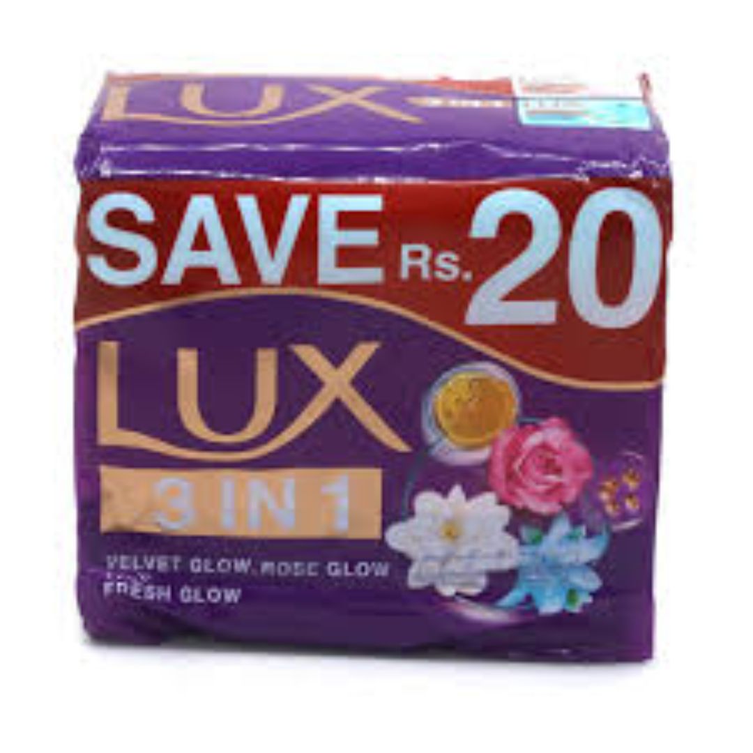 Lux Soap 3 IN 1 Pack Velvet Glow, Rose Glow, Fresh Glow 138 gm x 3 Soaps Inside